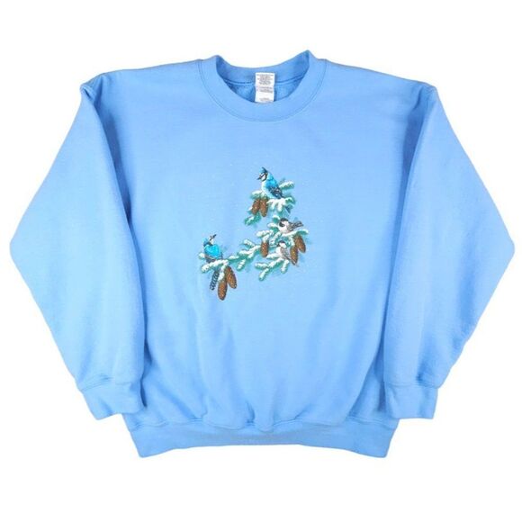 Bird Watching Sweatshirt Mens Size Large Blue Jays Chickadees Nature Animal - Picture 2 of 8
